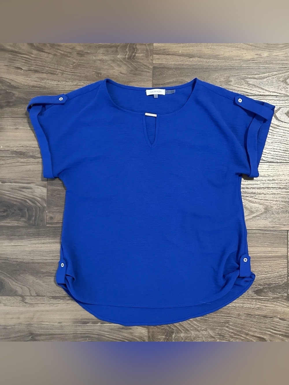 Calvin Klein Cobalt Blue Short Sleeve Keyhole Blouse